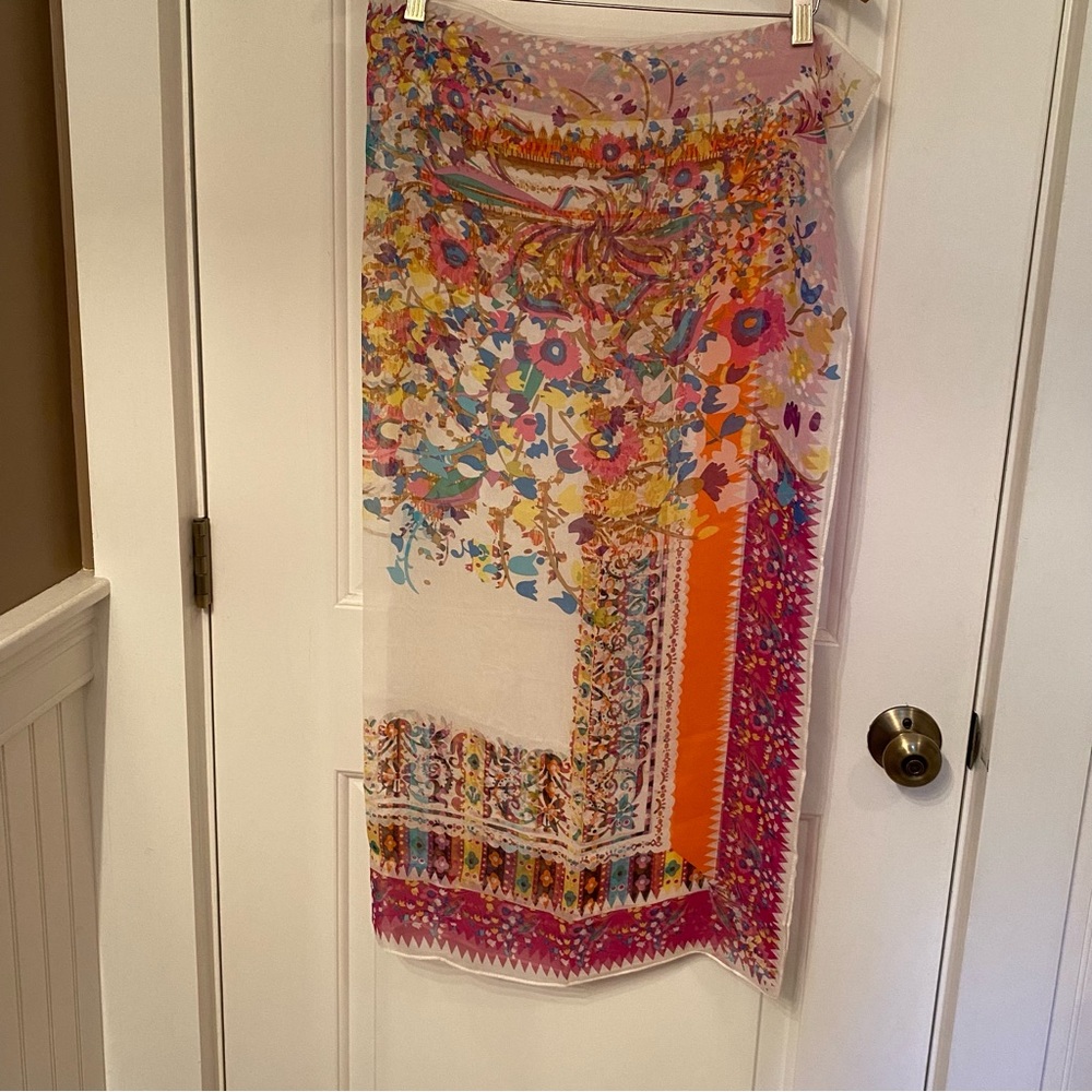 ECHO SCARF WHITE MULTI COLOR PINK GREEN ORANGE BLUE FLORAL LARGE SHEER SQUARE